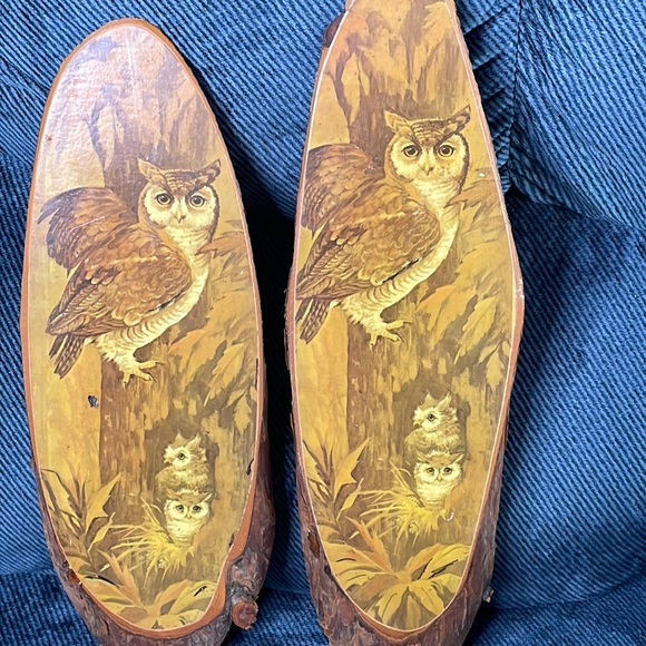 Set of vintage wood slices with 3 owls in tree varnished pictures - Picture 3 of 8